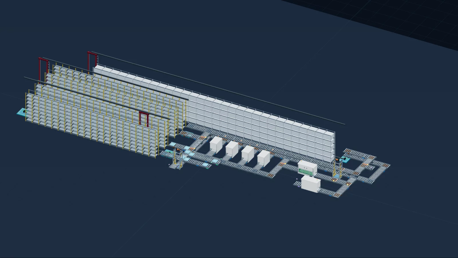 The Panasonic 5M line in FluxLine: multi-level conveyors, storage racks and stacker cranes